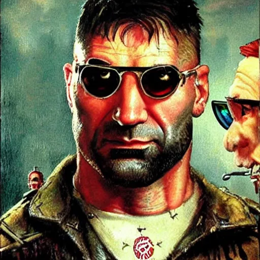 Prompt: dave bautista as sapper morton from blade runner is very proud of his tiny spectacles and boasts about them to a witch, painted by norman rockwell and tom lovell and frank schoonover