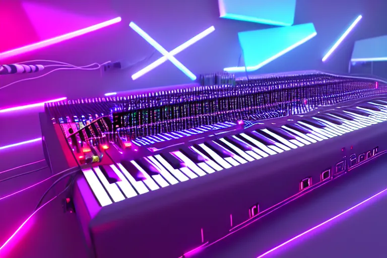 Prompt: dream synthesizer, led, cables and wires, knobs, faders, modular, vaporwave, retro wave, trending on artstation, octane render