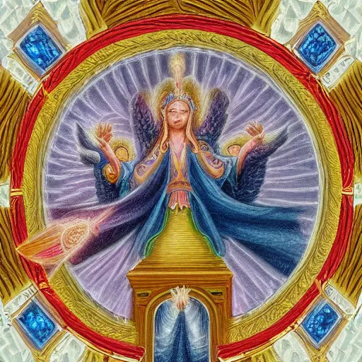 Prompt: photo of an intricately detailed representation of a accurate divine heavenly throne on a road of brilliant gemstone surround by epic angels. Colored graphite blended with colored oils miniature on vellum.