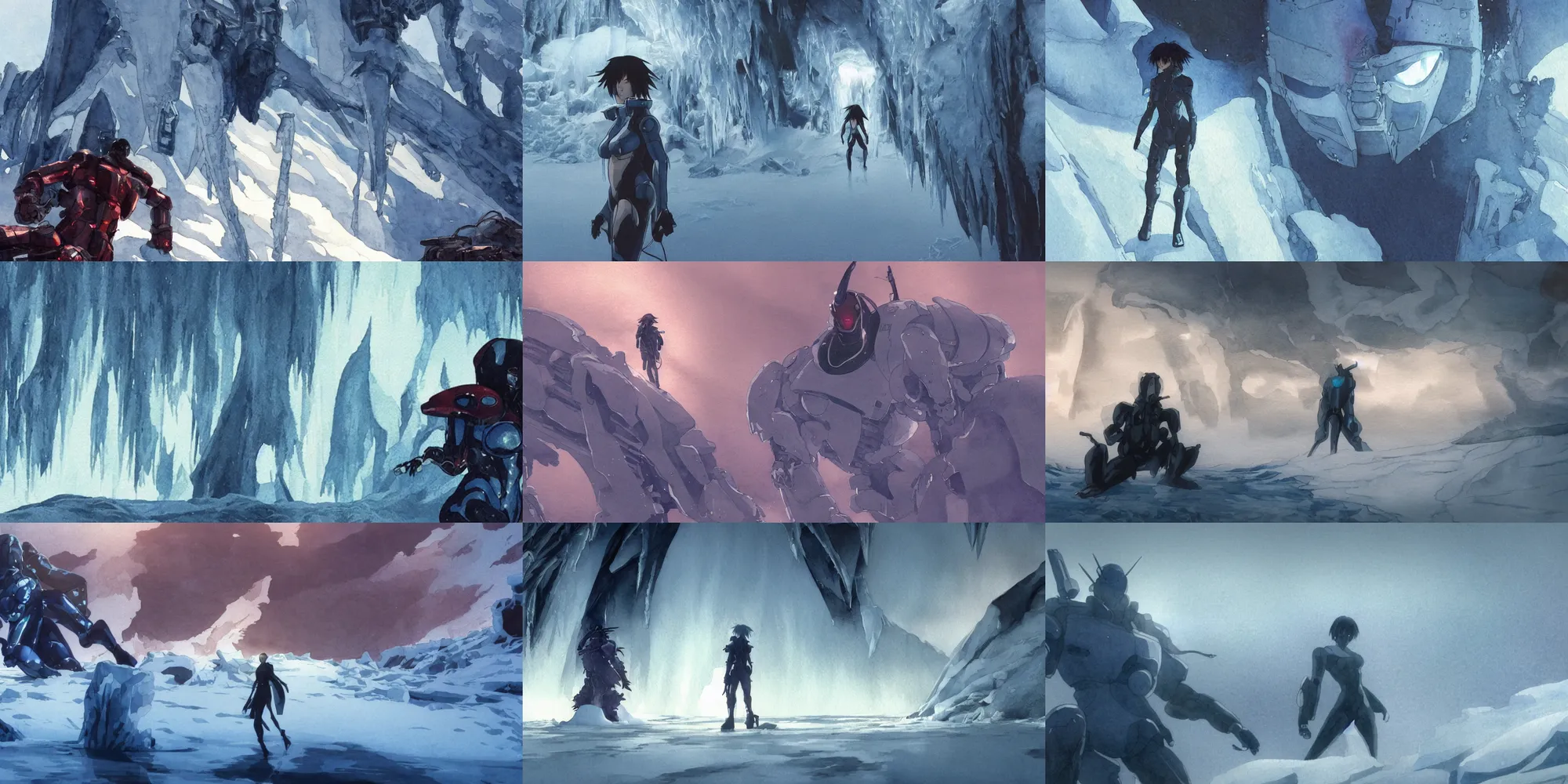 Prompt: incredible wide screenshot, simple watercolor, masamune shirow ghost in the shell movie scene Kusanagi, Giant robot head inside the ice, giant robot bones, spine and ribs in glacier in Antarctica, golden hour, rocky cliff, subtle glow under the ice, frozen waterfall, frost, snow, wearing a parker, windy, dust, most memorable scene, red, blue, orange, blue short hair, odd pipes, greebles, ice, metallic reflections, refraction, bounce light, phil hale, Yoji Shinkawa, bright rim light, hd, 4k, remaster, dynamic camera angle, deep 3 point perspective, fish eye, dynamic scene
