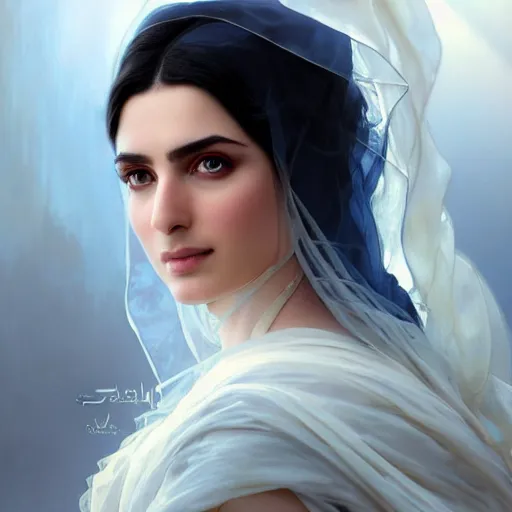 Prompt: a Photorealistic dramatic hyperrealistic,Crystal blue eyes arab ameera al taweel with black wavy hair, white veil,focus face, by WLOP,Artgerm,Greg Rutkowski,Alphonse Mucha, Beautiful dynamic,shadows,Artstation,concept design art,Octane render,8K