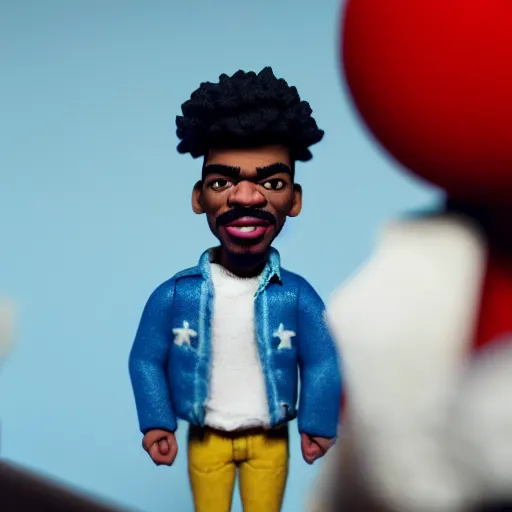 Image similar to a cinematic film still of a claymation stop motion film starring chance the rapper as a college student, shallow depth of field, 8 0 mm, f 1. 8