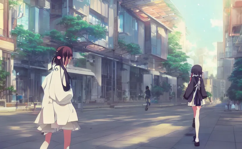 Prompt: An anime girl in a school uniform, walking through a modern city, anime scenery by Makoto Shinkai, digital art