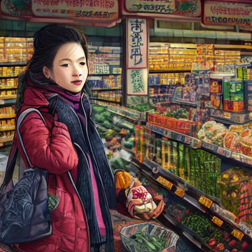 Image similar to the portrait a beautiful grocery young asia woman in down jacket, the background is a grocery store, winter, rural northeast an ultrafine hyperdetailed illustration by kim jung gi, irakli nadar, intricate linework, bright colors, octopath traveler, wenjun lin, unreal engine 5 highly rendered, global illumination, radiant light, detailed and intricate environment