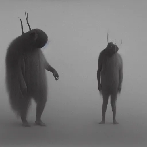 Image similar to vintage snap photography of realistic walking faceless beast-god with many long arms, a huge body covered with deep furs by Zdzisław Beksiński, odd eye, dark fantasy, fat, unbalanced , blur, haze, fog, vignetting, platinum printing