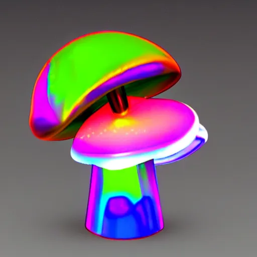 Prompt: unstable exotic matter powered mushroom, well defined mechanical features, triadic chrome shading, iridescent energy