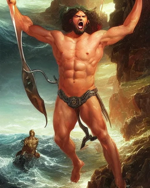 Prompt: a portrait of strong and proud young Poseidon with trident in his hands, screaming, ready to fight, rising from the ocean by Ross Tran and Thomas Cole and Wayne Barlowe