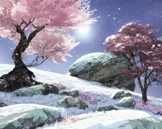 Image similar to snowy rocky field with a sakura tree, petals, cloudy, moodly lighting, snow in wind, illustration, by pine ( ハイネ ) and 薯 子 imoko and 香 川 悠 作 and wlop and maya takamura, highly detailed, trending artstation, pixiv, digital art