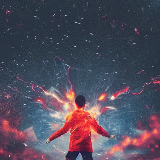 Image similar to man hitting the ground creating a explosion, anime, album cover, rain