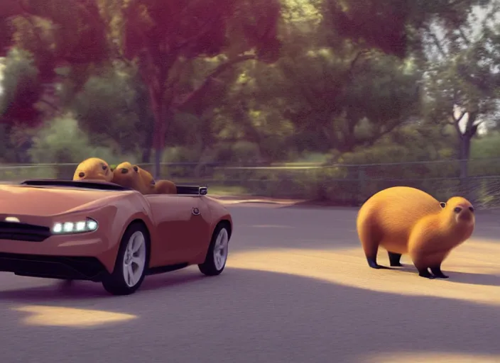 Prompt: capybara speeding in a convertible, trending on artstation, digital art, octane render