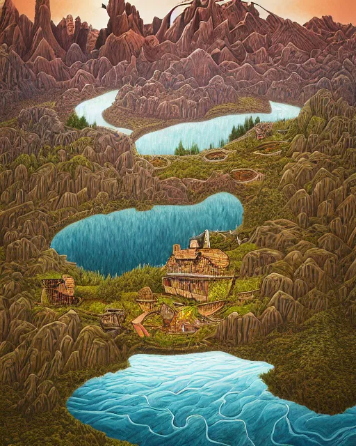 Image similar to mountaintop river flat illustration by jacek yerka trending on artstation