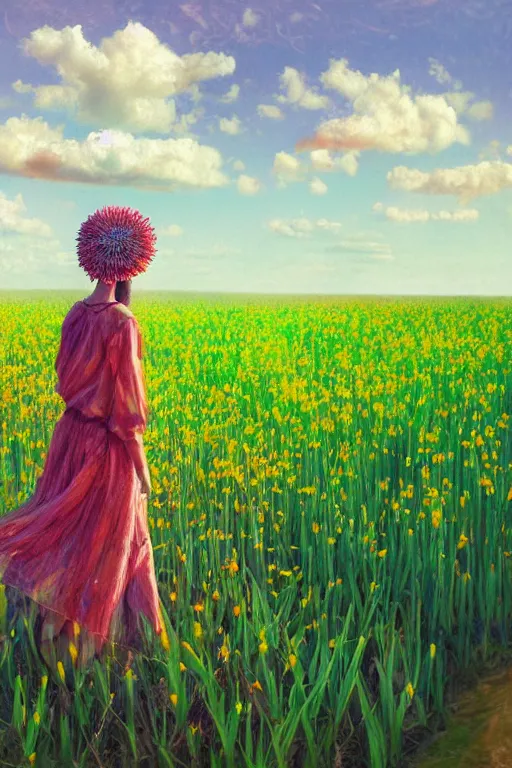 Image similar to giant corn flower head, girl walking in a flower field, surreal photography, dead body, dramatic light, impressionist painting, colorful clouds, digital painting, walter white, uncanny valley