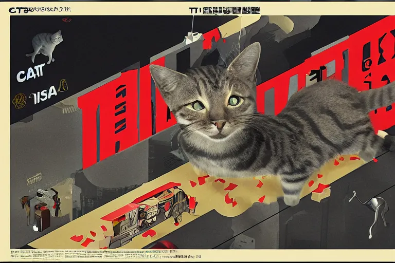 Image similar to cat attacking Tokyo, Swiss design movie poster, masterpiece, masterwork, cgstudio