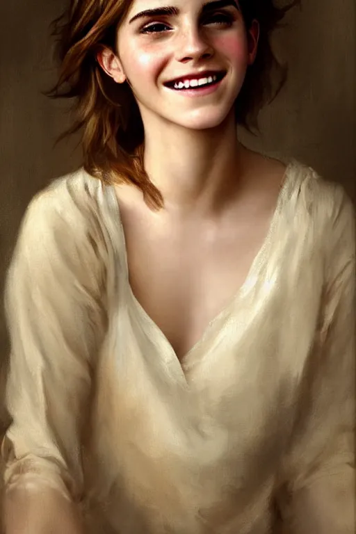 Image similar to emma watson smiling gathered faille v - neck detailed portrait painting by gaston bussiere craig mullins j. c. leyendecker award winning photograph photorealsitic octane render