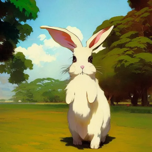 Prompt: a Lop-eared Bunny, standing up, by studio ghibli painting, by Joaquin Sorolla rhads Leyendecker, An aesthetically pleasing, dynamic, energetic, lively, well-designed digital art, by Ohara Koson and Thomas Kinkade, traditional Japanese colors, superior quality, masterpiece