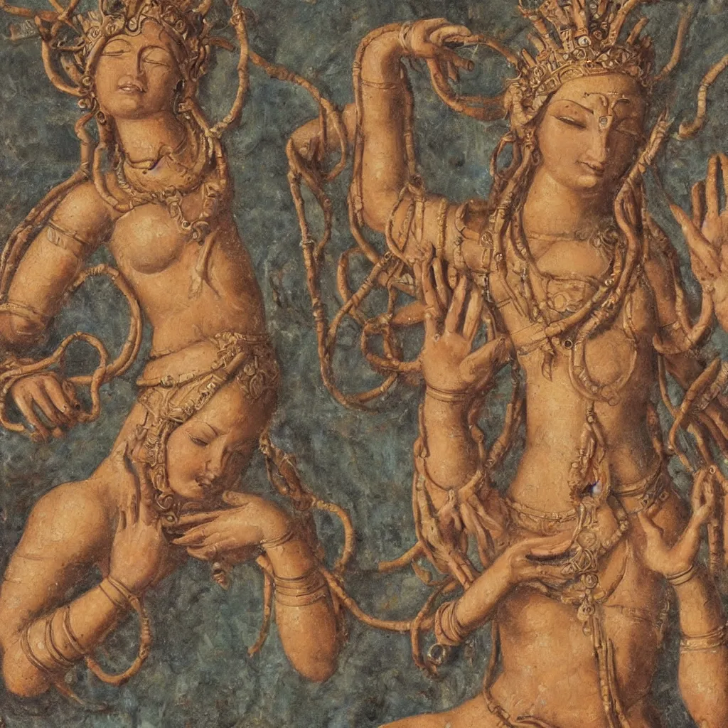 Image similar to young woman deity with multiple arms, highly detailed, oil painting