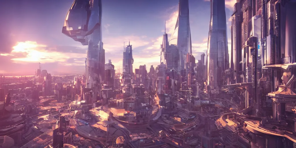 Prompt: a 3 d render of a sci - fi city with high rise tech buildings and flying spaceships, wide angle lens photography, octane render, unreal engine, incredible landscape, sunset, beautiful