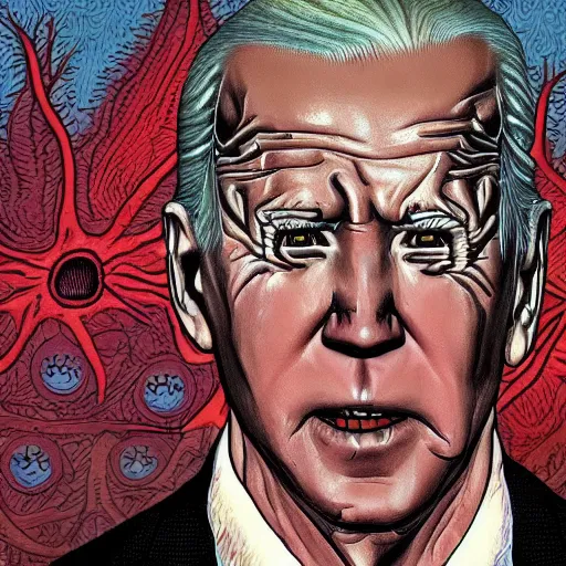 Image similar to biden became stupid ugly lovecraftian degenerate abomination, photo - realistic, color image, 2 k, highly detailed, horror