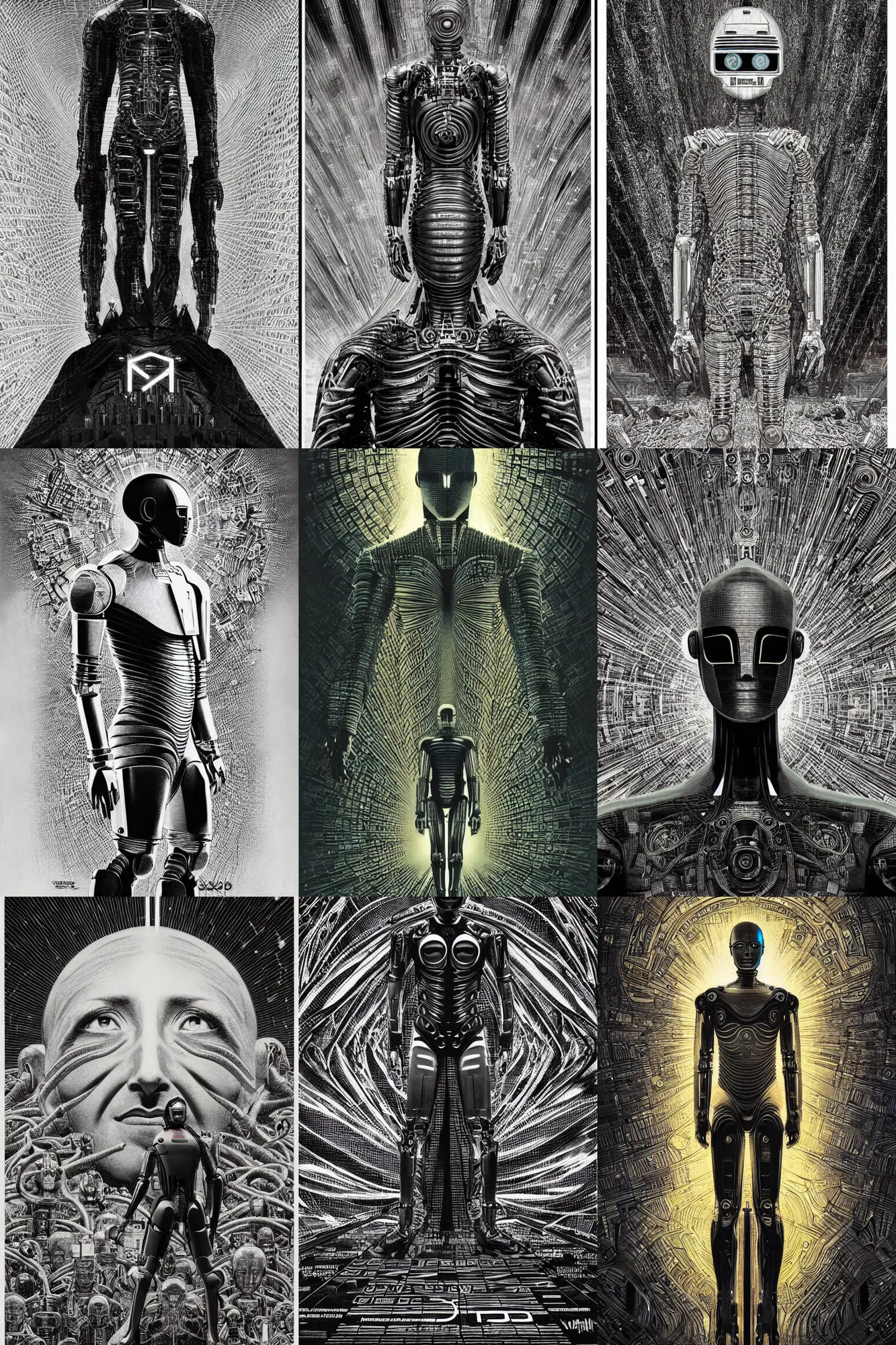 Prompt: i, robot movie poster concept art, designed by joe perez of donda creative, creative direction by virgil abloh, directed by christopher nolan, avant - garde, religious imagery, by virgil finlay, by gustave dore and junji ito