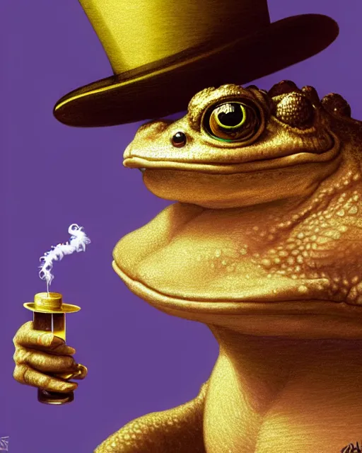 Prompt: close portrait of a toad with a top hat, smoking weed, vaporwave, bedroom, highly detailed, digital painting, artstation, concept art, smooth, sharp focus, illustration, art by artgerm and greg rutkowski and alphonse mucha