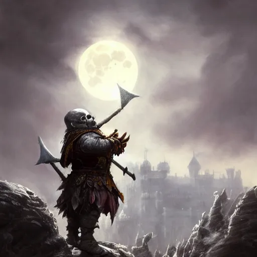 Image similar to danny devito as a dwarf fighting skeleton warriors, dramatic light, castle background, clouds, arctic, snow moon, storm, night, high detail, fantasy background, painted by stanley lau, painted by greg rutkowski, painted by stanley artgerm, digital art, trending on artstation