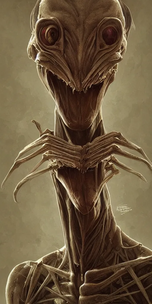 Prompt: portrait of a humanoid mantis alien, character design, detailed concept art by fortiche by anton semenov, by hr giger, by ross tran, masterpiece