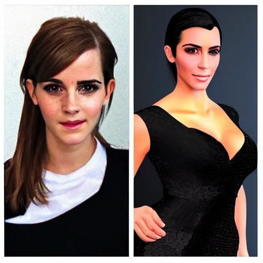 Image similar to a full - figure profile image of a woman who is a genetic combination of emma watson and kim kardashian