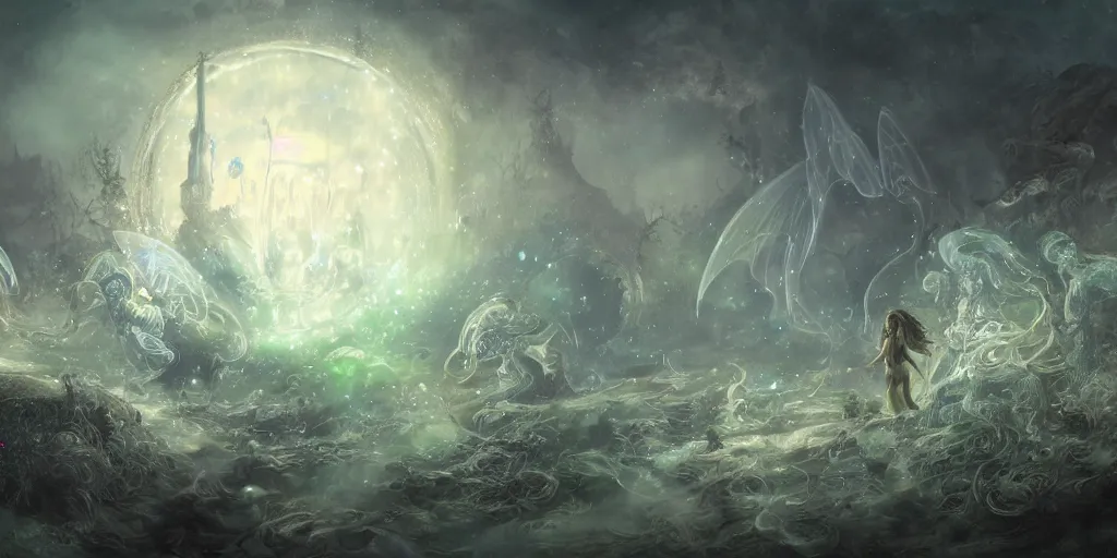 Image similar to concept art of translucent glowing fairies, lovecraftian, renaissance, melting, round moon, rich clouds, fighting the horrors of the unknown, very detailed, volumetric light, mist, fine art, decaying, textured oil over canvas, epic fantasy art, very colorful, ornate intricate scales