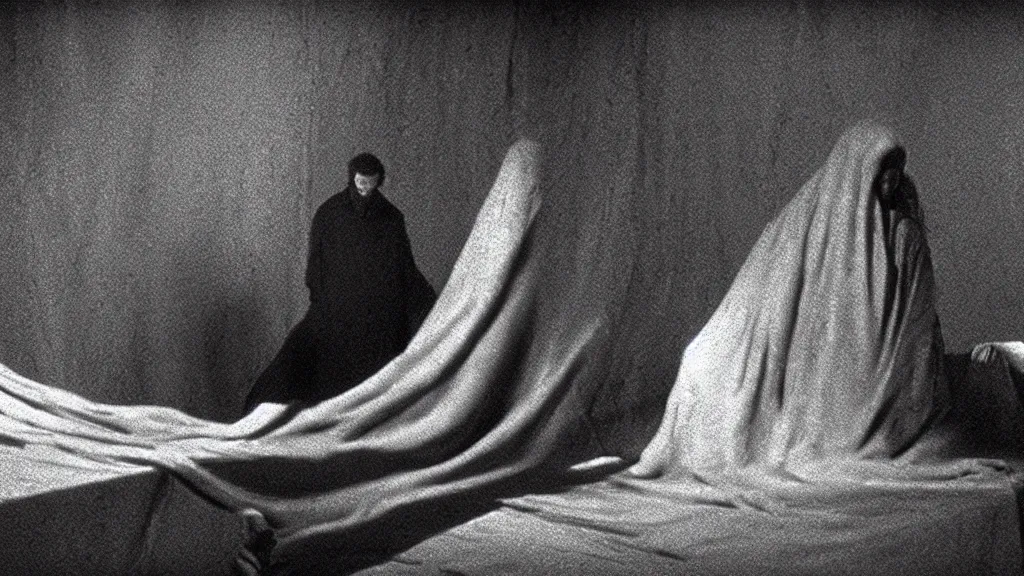 Prompt: a strange creature claws it’s way out of a spool of cloth in an Italian fabric store, film still from the movie directed by Denis Villeneuve with art direction by Zdzisław Beksiński, wide lens