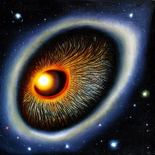 Image similar to a highly detailed photorealistic painting of a human eye reflecting the milky way galaxy