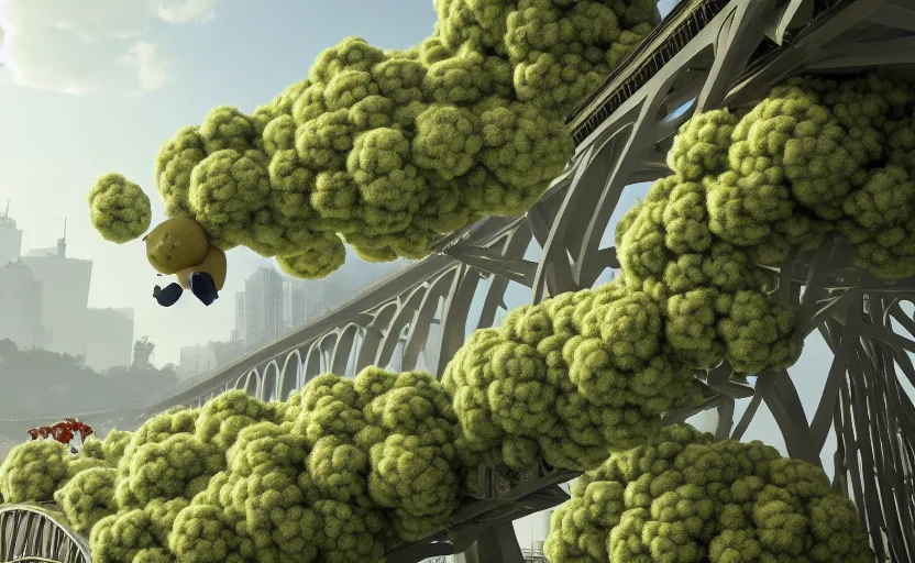 Image similar to explosions in the form of realistic cotton plants on harbour bridge, huge cotton plants everywhere, smooth, sharp focus, highly detailed, 3 d octane render, epic lighting, crazy atmosphere, lots of cotton plants, 8 k, by goro fujita