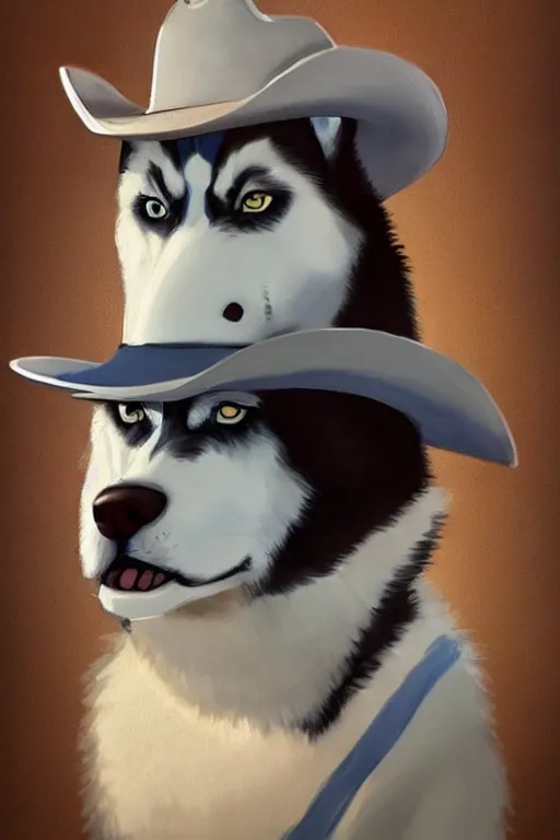 Image similar to a portrait painting of a husky in cowboy costume, wearing a cowboy hat, by [ studio ghibli ], in the style of anime, [ western film ], trending on artstation
