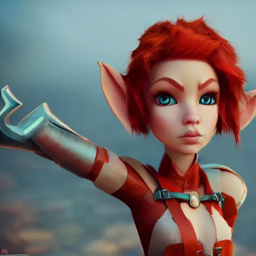 Image similar to beautiful redhead elf, clash royal style characters, unreal engine 5, octane render, detailed, cinematografic, cinema 4 d