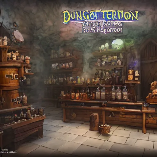 Prompt: a dungeons and dragons potion shop, 4k, trending on artstation, unreal engine, cinematic