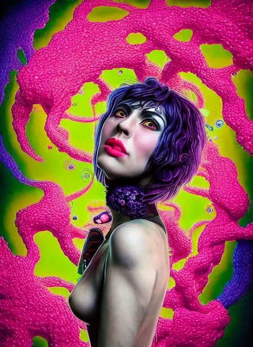 Prompt: hyper detailed 3d render like a Oil painting - Ramona Flowers with black hair in thick mascara seen seriously Eating of the Strangling network of colorful yellowcake and aerochrome and milky Fruit and Her delicate Hands hold of gossamer polyp blossoms bring iridescent fungal flowers whose spores black the foolish stars by Jacek Yerka, Mariusz Lewandowski, Houdini algorithmic generative render, Abstract brush strokes, Masterpiece, Edward Hopper and James Gilleard, Zdzislaw Beksinski, Mark Ryden, Wolfgang Lettl, Dan Hiller, hints of Yayoi Kasuma, octane render, 8k