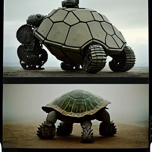 Image similar to giant oversized chubby battle armored turtle robot mech, with a big turtle shell, Cinematic focus, Polaroid photo, vintage, neutral colors, soft lights, foggy, panorama by Steve Hanks, by Serov Valentin, by lisa yuskavage, by Andrei Tarkovsky