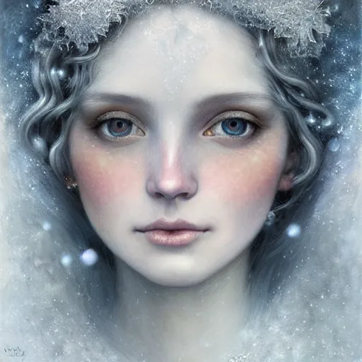 Image similar to Beautiful Delicate Detailed portrait of snow woman, With Magical grey eyes by Tom Bagshaw, Bastien Lecouffe Deharme, Erik Johansson, Amanda Sage, Alex Grey, Alphonse Mucha, Harry Clarke, Josephine Wall and Pino Daeni, Delicate winter frozen creature With long white windy Hair and Magical Sparkling Eyes, Magic Particles; Magic Swirls, in a oit of this world magical frozen landscape, 4K; 64 megapixels; 8K resolution concept art; detailed painting; digital illustration; hyperrealism; trending on Artstation; Unreal Engine Photorealistic, lifelike, Unreal Engine, sharp, sharpness, detailed, 8K