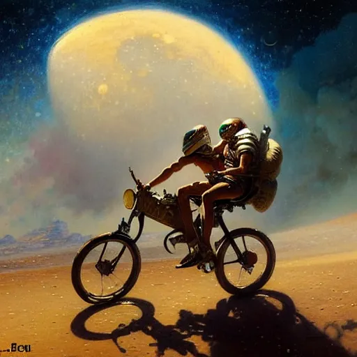 Prompt: a squid riding bicycle on the moon. highly detailed painting by gaston bussiere, greg rutkowski, j c leyendecker 8 k