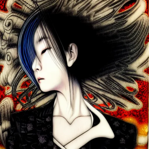 Image similar to yoshitaka amano blurred and dreamy realistic three quarter angle portrait of a woman with white hair and black eyes wearing dress suit with tie, junji ito abstract patterns in the background, satoshi kon anime, noisy film grain effect, highly detailed, renaissance oil painting, weird portrait angle, blurred lost edges