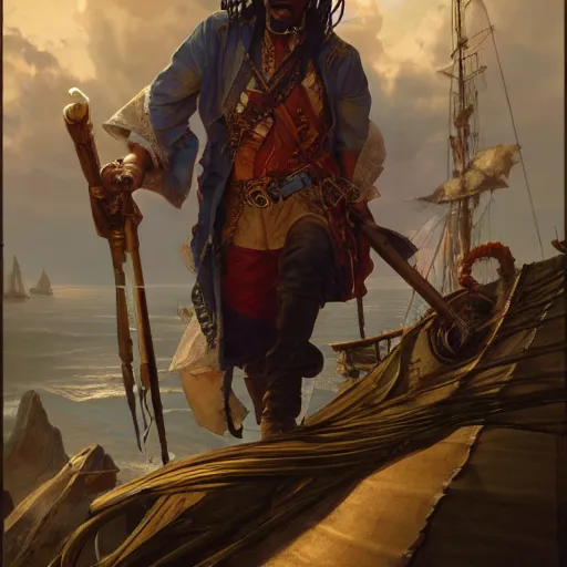Image similar to chris rock dressed as a pirate, by adolf hiremy - hirschl and greg rutkowski and alphonse mucha, cosmic, intricate detail, cinematic, 8 k, cel shaded, unreal engine, featured on artstation, pixiv
