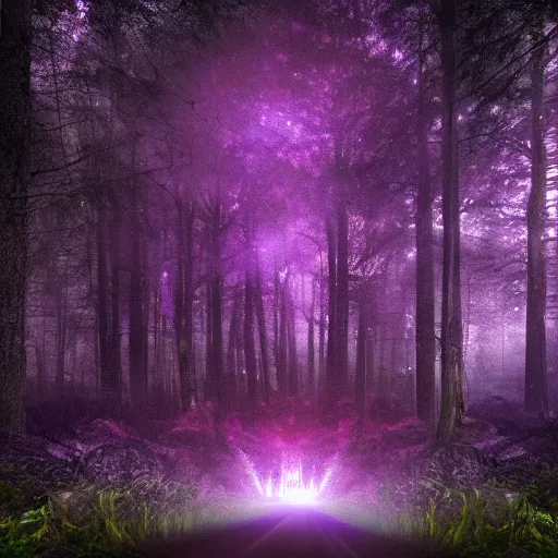 Image similar to purple portal, contains cosmos, inside the dark forest, glowing, vibe, unsettling atmosphere, cinematic, epic, high detail, 8 k, hdr, high resolution, sharp