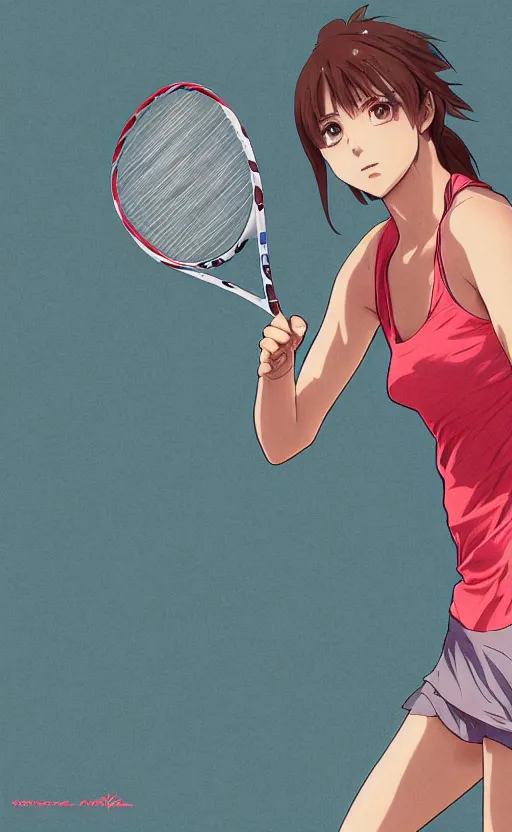 Image similar to anime style, female tennis player, red sport clothing, match point, brown short hair, hair down, symmetrical facial features, from arknights, hyper realistic, rule of thirds, extreme detail, 4 k drawing, safebooru, realistic lighting, by alphonse mucha, greg rutkowski, sharp focus, backlit