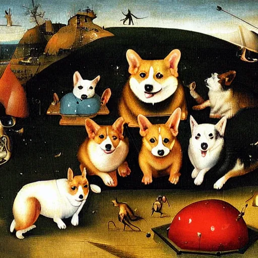 Prompt: highly detailed surreal painting of corgis by hieronymus bosch