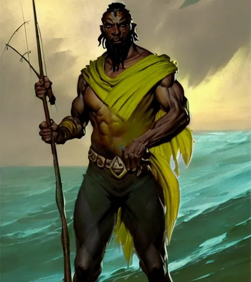 Prompt: magic : the gathering fantasy character concept art by frank frazetta and marco bucci, high resolution. a clear portrait of a 3 0 - year old athletic male jamaican, fisherman, wearing yellow green black calico clothing, magical fishing rod weapon, jamaican ocean flowing in the background, symmetry, fantasy coloring, intricate, 8 k, digital painting, artstation, smooth, sharp focus