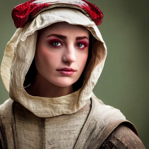 Image similar to medieval fashion model close up looking into lens 1 5 0 mm wearing clothes of the era