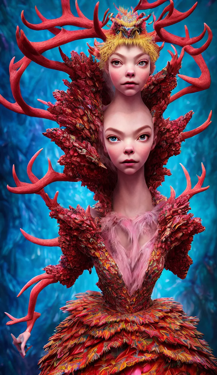 Prompt: hyper detailed 3d render like a Oil painting - kawaii portrait Aurora (a beautiful skeksis queen from dark crystal that looks like Anya Taylor-Joy with hooves and antlers) seen red carpet photoshoot in UVIVF posing in scaly dress to Eat of the Strangling network of yellowcake aerochrome and milky Fruit and His delicate Hands hold of gossamer polyp blossoms bring iridescent fungal flowers whose spores black the foolish stars by Jacek Yerka, Ilya Kuvshinov, Mariusz Lewandowski, Houdini algorithmic generative render, Abstract brush strokes, Masterpiece, Edward Hopper and James Gilleard, Zdzislaw Beksinski, Mark Ryden, Wolfgang Lettl, hints of Yayoi Kasuma, octane render, 8k