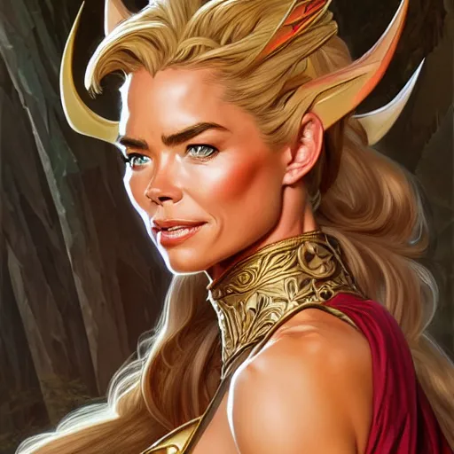 Image similar to Denise Richards as She-Ra, western, D&D, fantasy, intricate, elegant, highly detailed, digital painting, artstation, concept art, matte, sharp focus, illustration, art by Artgerm and Greg Rutkowski and Alphonse Mucha