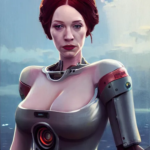 Image similar to highly detailed portrait christina hendricks robot in gta v, stephen bliss, unreal engine, fantasy art by greg rutkowski, loish, rhads, ferdinand knab, makoto shinkai and lois van baarle, ilya kuvshinov, rossdraws, tom bagshaw, global illumination, radiant light, detailed and intricate environment