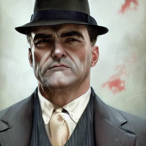 Image similar to 1930s mobster, painted character portrait, highly detailed, digital painting, artstation, concept art, sharp focus, illustration, art by artgerm and greg rutkowski and alphonse mucha