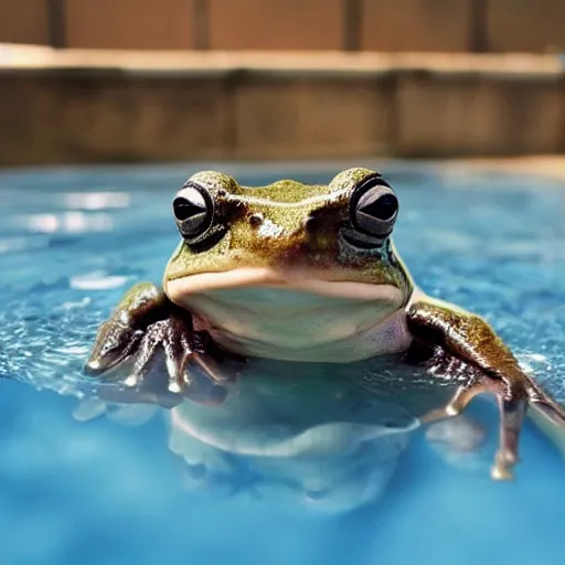 Image similar to An old photo of a sophisticated frog in a nice suit, he is chilling in a pool